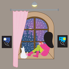 cute girl sitting on window in winter evening.