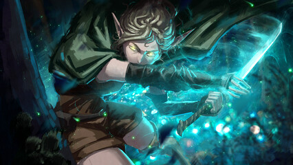 elf girl in a dynamic pose silently runs into battle from the ambush of the night forest, she has a sword glowing with green magic, a green cloak blonde hairs and an evil look. 2d hand drawn anime art