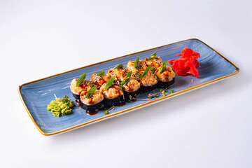 japanese cuisine, sushi rolls on a white background