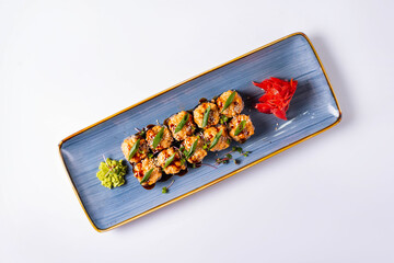 japanese cuisine, sushi rolls on a white background