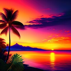 Fototapeta na wymiar 3159659933-dreamlikeart, Tropical sunset or sunrise with lake background__ ### Deformed, blurry, bad anatomy, disfigured, poorly 