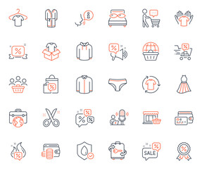 Fashion icons set. Included icon as Waterproof, Discounts cart and Change clothes web elements. T-shirt, Wallet, Hoody icons. Dress, Buyers, Discounts chat web signs. Luggage, Panties, Pillows. Vector