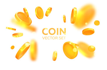 Scattering realistic, golden 3D coins. Explosion, falling coins. Isolated on background. Vector illustration