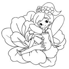 Fairy sitting on the flower.coloring book pages.vector illustration isolated on white background.