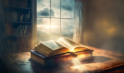 A mysterious Bible placed on a table, sprinkled with a divine ray, in front of a beautiful horizon with dramatic colors. Ideal for inspiring and unique illustrations related to religion.