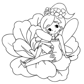 Fairy sitting on the flower.coloring book pages.vector illustration isolated on white background.