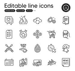 Set of Technology outline icons. Contains icons as Calendar, Search file and Cloud sync elements. Gears, Fire energy, Checklist web signs. Artificial colors, Fake news, Ranking star elements. Vector
