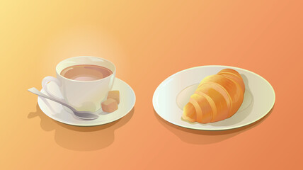 A white cup of coffee with milk with a white saucer, spoon and 2 pieces of brown cane sugar and a white plate with a croissant, bagel or bun on a brown background. Breakfast. Vector illustration.