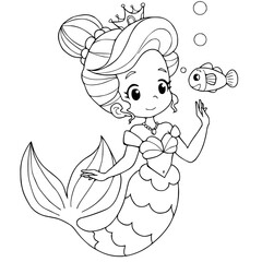 Mermaid with fish coloring book pages vector illustration isolated on white background.