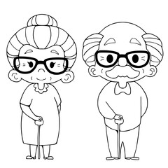 Black and White, Elderly couple.coloring book.vector
