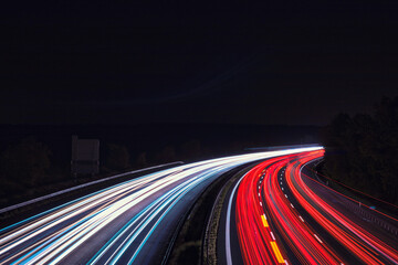 Langzeitbelichtung - Autobahn - Strasse - Traffic - Travel - Background - Line - Ecology -  Motorway - Highway - Night Traffic - Long Exposure - Cars Speeding - Lights - Sunset - High quality photo - obrazy, fototapety, plakaty