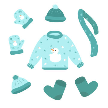 Set of warm winter clothes in blue with a combination of green, winter shoes on a white background in vector