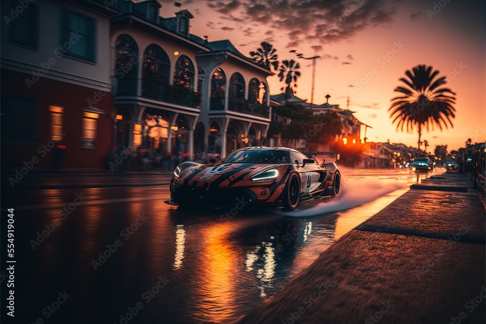 Poster a car driving down a wet street at sunset with palm trees in the background and a building with a cl