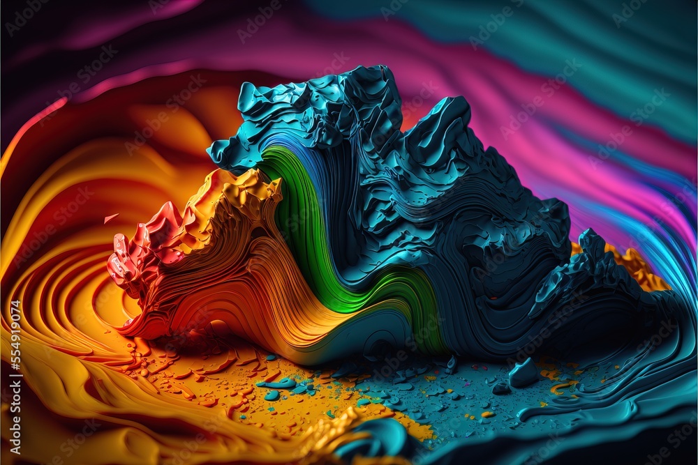 Aufkleber a colorful abstract painting with a mountain in the middle of it and a rainbow colored background wi