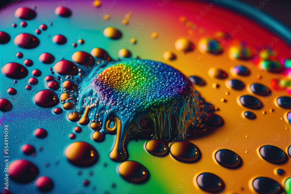 Poster a colorful object with lots of water droplets on it's surface and a rainbow colored background with 