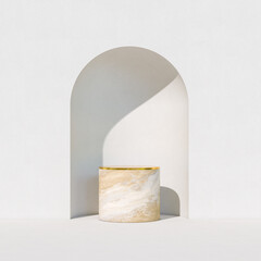 marble pedestal with gold top in white niche.
