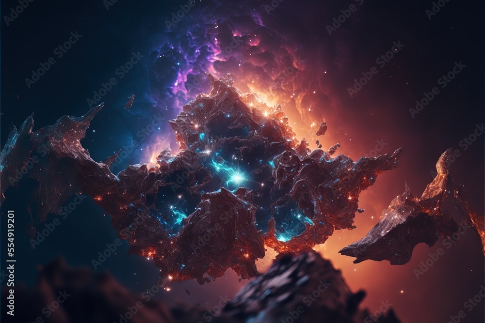 Poster a computer generated image of a cluster of stars and planets in space. generative ai