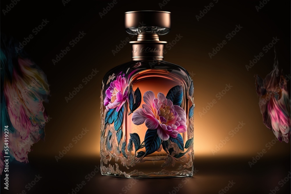 Poster a bottle of perfume with a flower design on it and a flower on the side of the bottle. generative ai