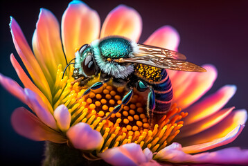 Fototapeta Close-up of a bee landing on a flower for pollination. Bees pollinate plants and make honey. digital art obraz