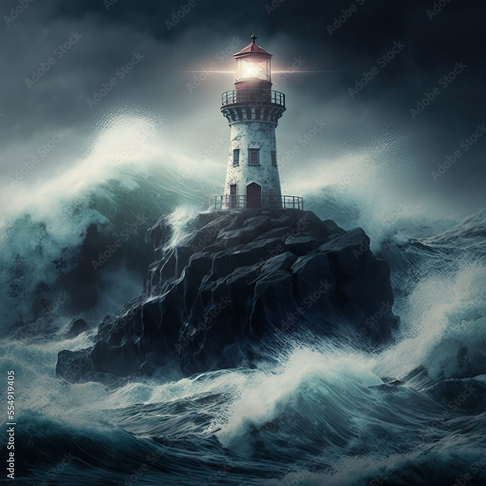 Aufkleber a lighthouse in the middle of a large wave in the ocean with a light on top of it in the middle of t
