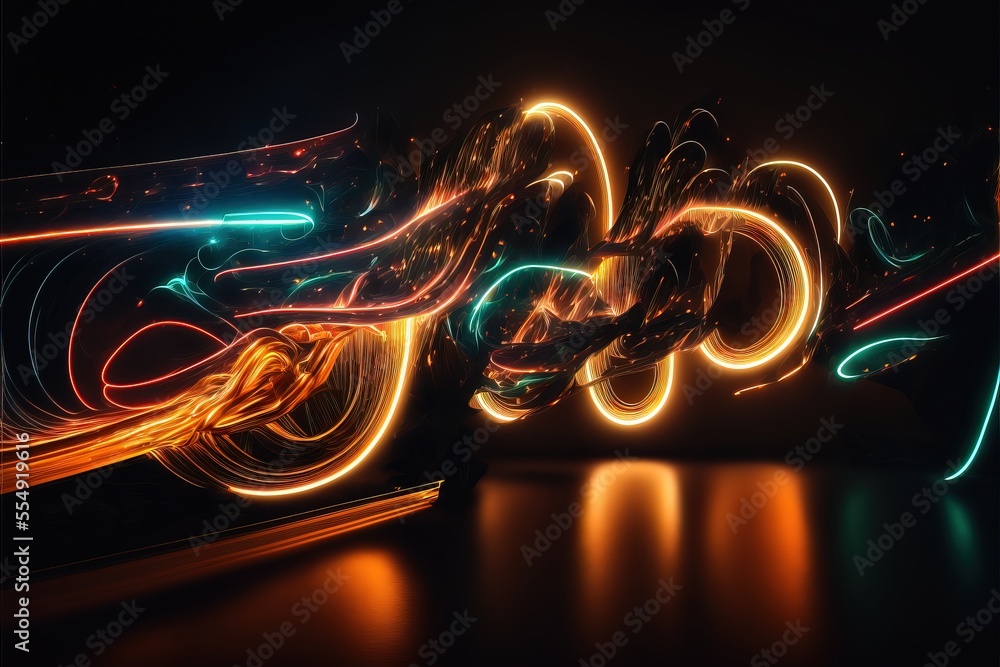 Poster a blurry photo of a neon light design on a black background with a reflection of a car in the foregr