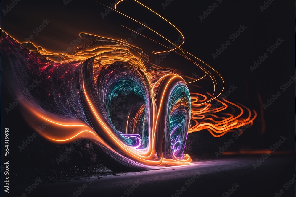 Poster a long exposure photograph of a colorful object in the dark with light painting effect on it's side.