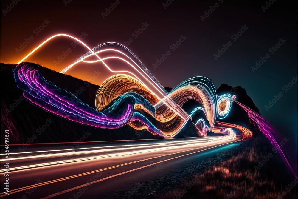 Poster a long exposure photo of a highway with lights on it and a mountain in the background with a long ex