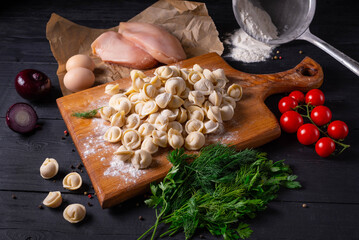 semi-finished products, dumplings with minced chicken, on a black background
