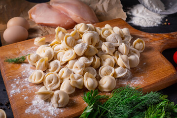 semi-finished products, dumplings with minced chicken, on a black background