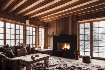 Scandinavian and japan style cabin house interior design illustration 