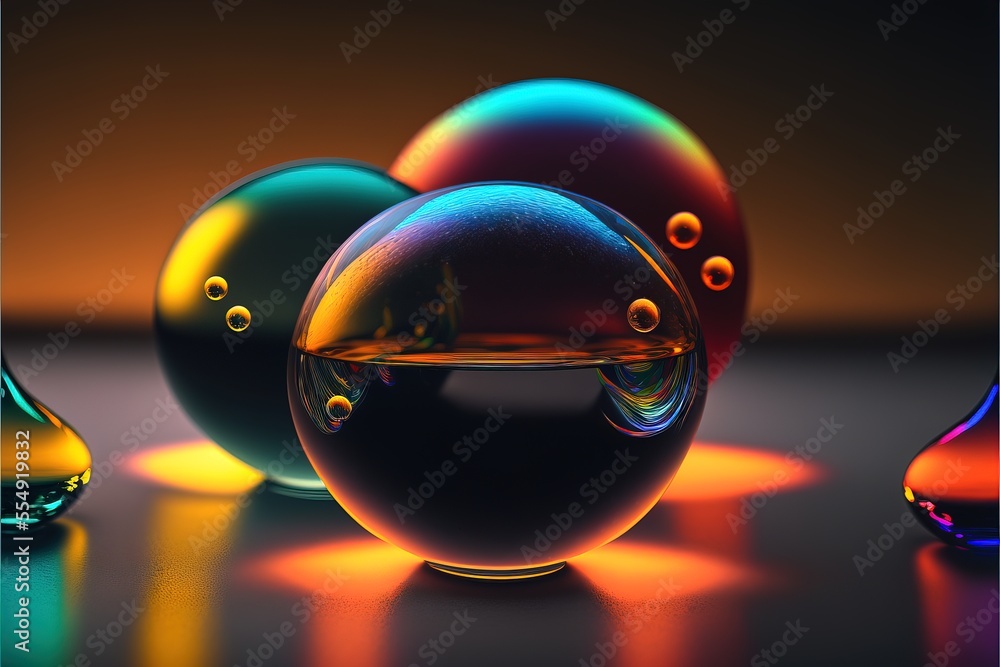 Poster a group of three balls with bubbles on them and a liquid droplet in the middle of the image. generat