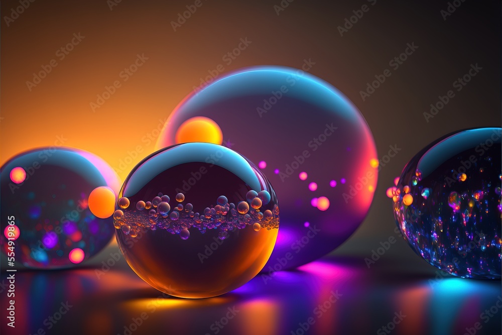 Aufkleber a group of three balls with bubbles on a table top with a black background and a yellow and purple b