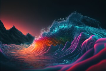  a computer generated image of a wave in the ocean with a sunset in the background and a mountain range in the distance.