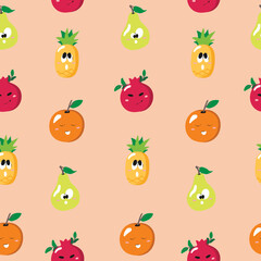Cute seamless pattern with cartoon fruits and berries - orange, pear, pineapple and pomegranate. Vector illustration for cards, posters, flyers, webs and other use.