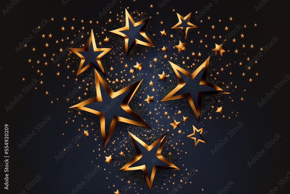 Poster a group of gold stars on a black background with a star burst effect in the middle of the image. gen