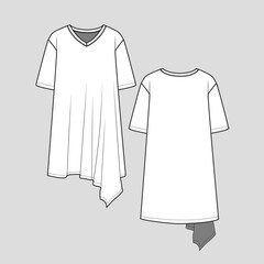 Asymmetrical Hem Long Top V Neck Drop Shoulder Short Sleeve fashion Dress Fashion Flat Sketch drawing template