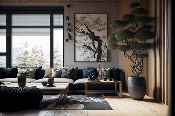 Cozy japandi interior design with a bonsai tree