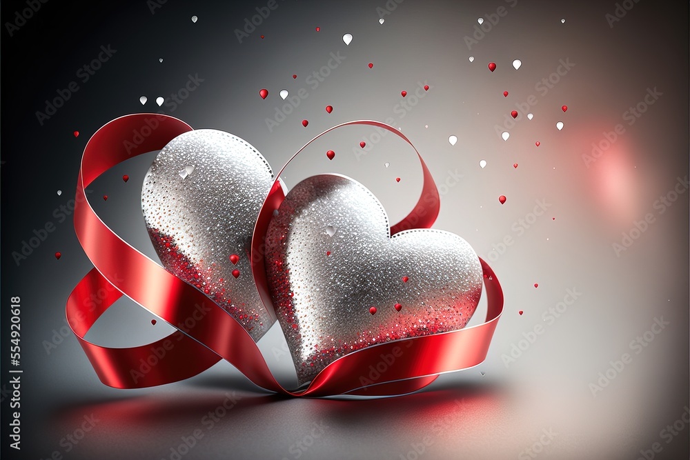 Poster two hearts with a red ribbon on a gray background with hearts floating around them and confetti fall