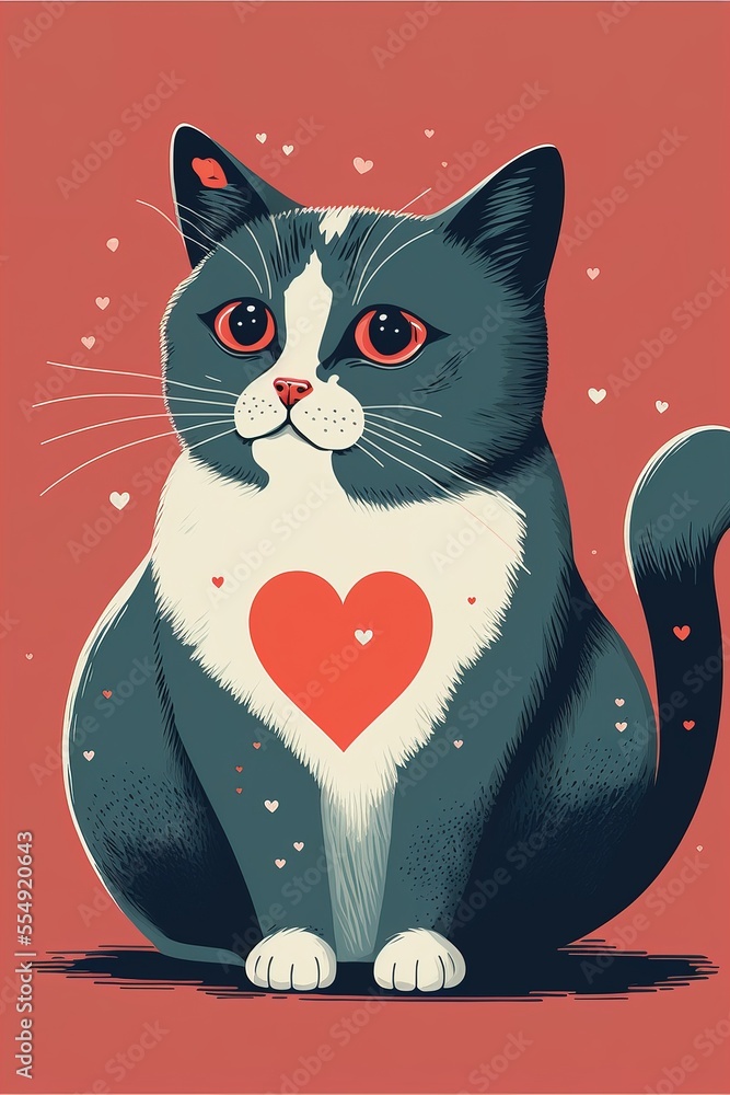 Aufkleber a cat with a heart on its chest sitting down on a red background with hearts in the shape of a heart