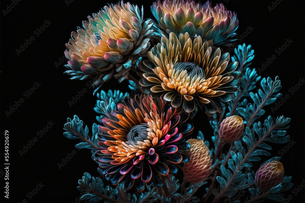 Poster a bunch of flowers that are on a black background with a black background behind them and a black ba