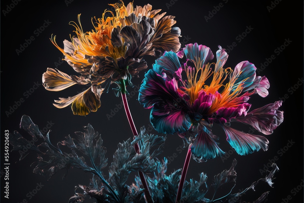 Poster a close up of two flowers on a black background with a black background behind it and a black backgr