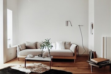 Stylish Scandinavian and nordic living room with design furniture, wooden desk and plants, brown wooden parquet.
