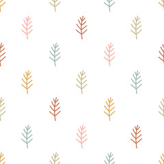 Fototapeta na wymiar Stylized floral seamless vector pattern with cute fir tree twigs. Vintage hand drawn background for kids room decor, nursery art, gift, fabric, textile, wrapping paper, wallpaper, packaging, apparel.