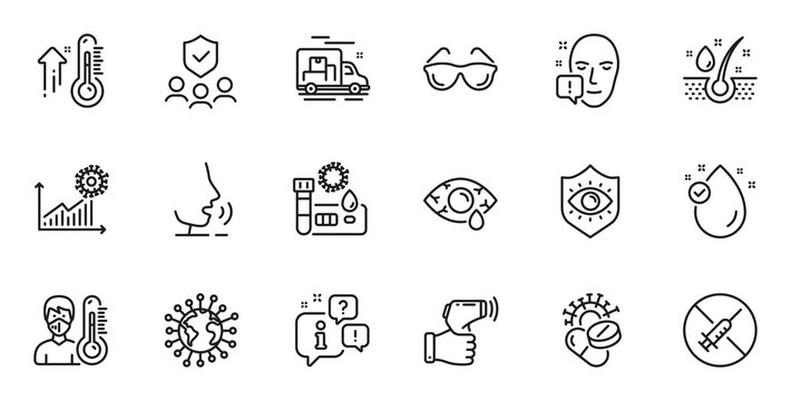 Outline set of Coronavirus, Electronic thermometer and Coronavirus pills line icons for web application. Talk, information, delivery truck outline icon. Vector
