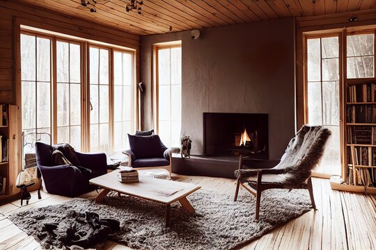 Nordic style and minimalist wooden cabin house interior with fireplace illustration 