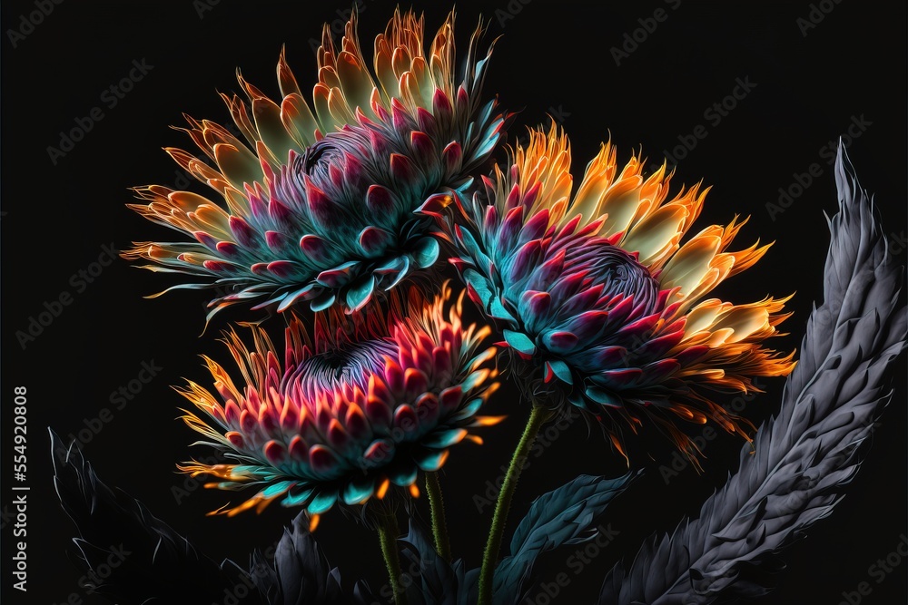 Poster a close up of a flower with a black background behind it and a black background behind it with a bla