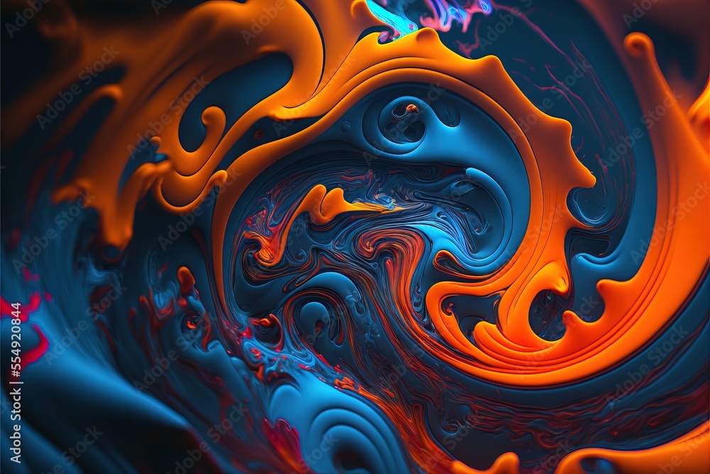 Poster a colorful abstract background with a swirly design in orange and blue colors. generative ai
