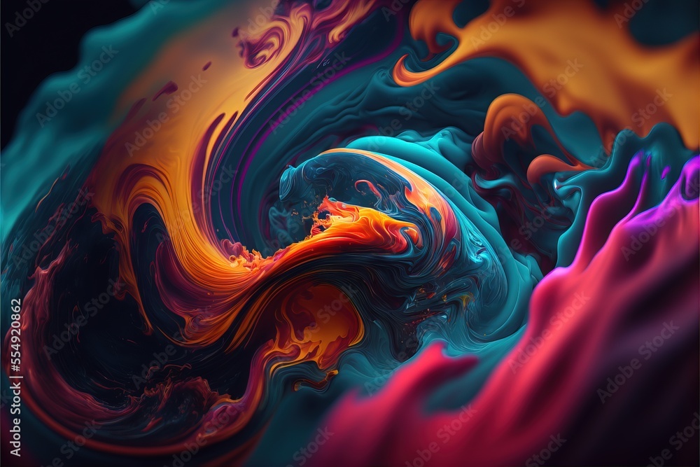 Poster a colorful abstract painting with a black background and a red and yellow swirl on the bottom of the