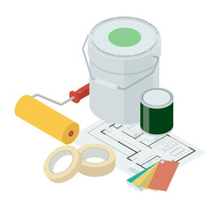 Professional painter isometric tools d, home decoration and renovation concept © stokkete