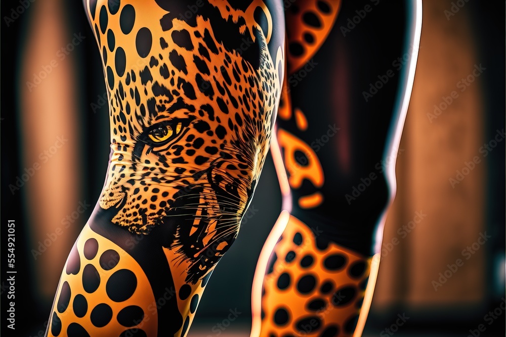 Poster a close up of a person's legs with a leopard print on them and a black background with a yellow back